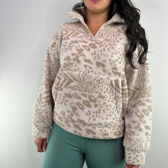 American Eagle Brown & Cream Animal Print Fleece Quarter Zip - Picture 1 of 10